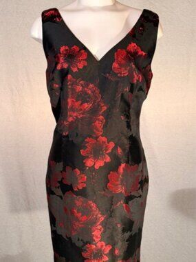 David Meister Black & Red Floral Brocade Holiday/Cocktail Sheath Dress